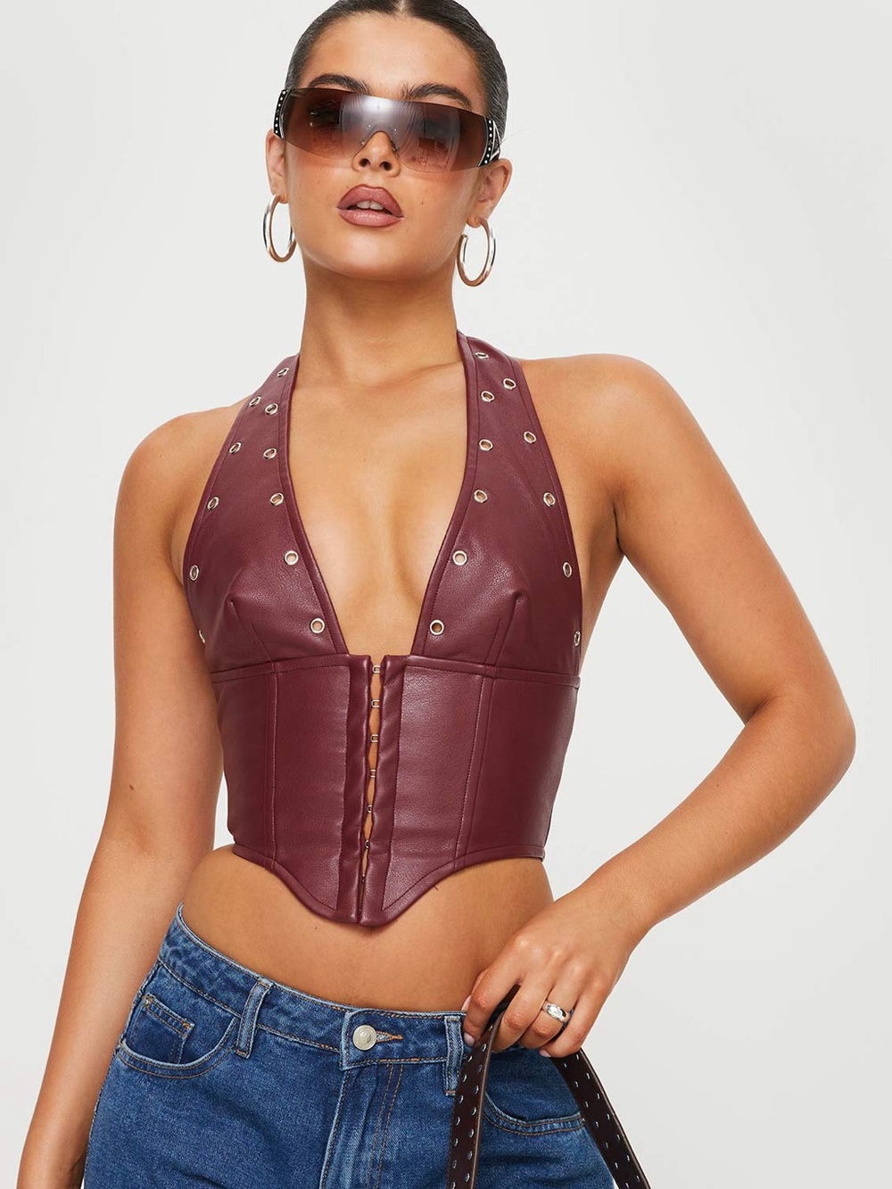 Princess Polly Palladia Jordy Corset Top Burgundy Faux Leather Halter Size 6